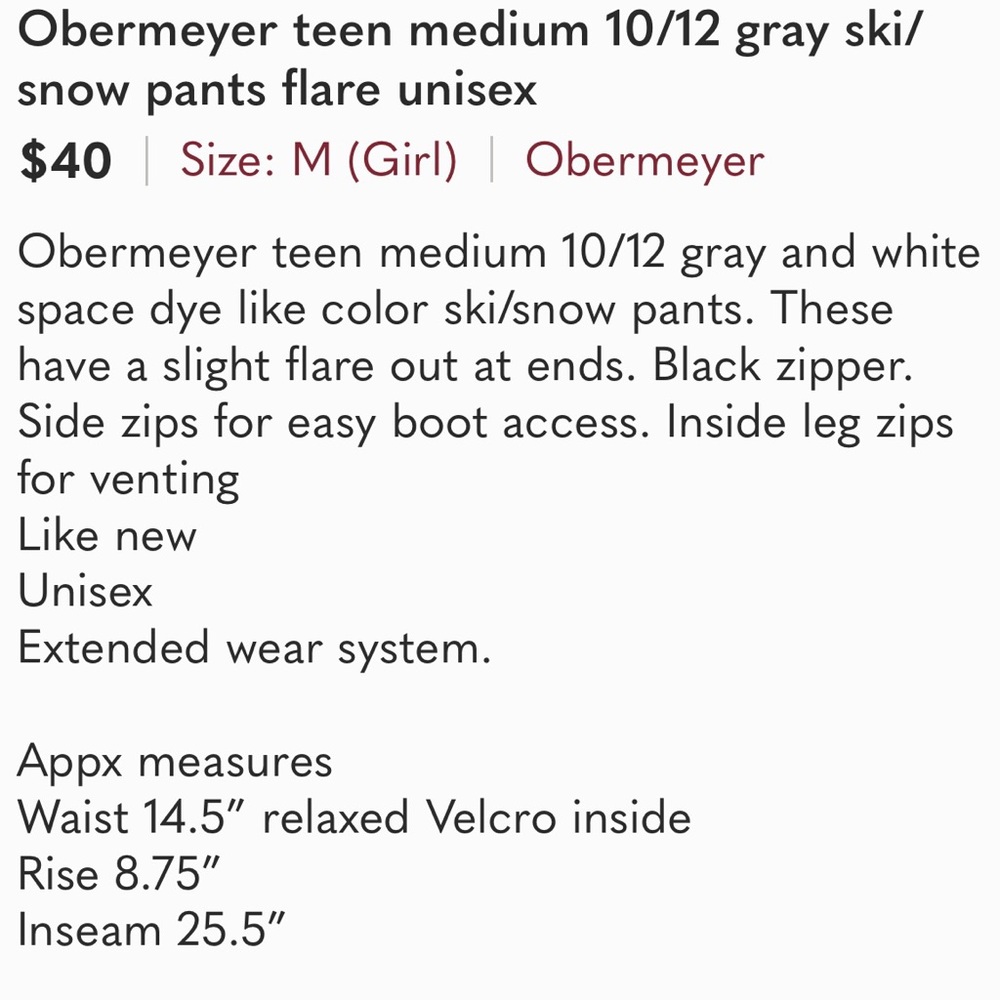 Obermeyer teen medium 10/12 gray ski/snow pants flare unisex - Picture 11 of 11